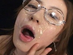 Kokoro Amano sucked dicks and took 150 bukkake cumshots on her face and in her mouth  ate cum on food and collected cum in a bottle and swallowed it all down.