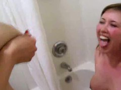 A lacjtating mom and her female friend decide to have fun in the bathroom by shooting her brest milk all over her. I wish i was the friend, Id be happy even if i was the camera man